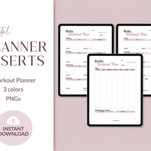 May include: Three digital planner inserts for a workout planner. The inserts are in a light pink colour scheme and include a weekly workout plan, a monthly workout plan, and a monthly fitness budget.