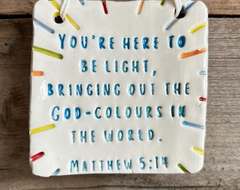 Bible Verse Pottery Wish, Matthew 5:14, Ceramic Tile (8cm)