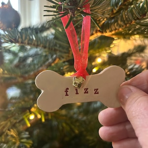 May include: A cream-coloured bone-shaped Christmas ornament with the word "fizz" in brown lettering. It has a small gold bell and hangs from a red ribbon on a Christmas tree.