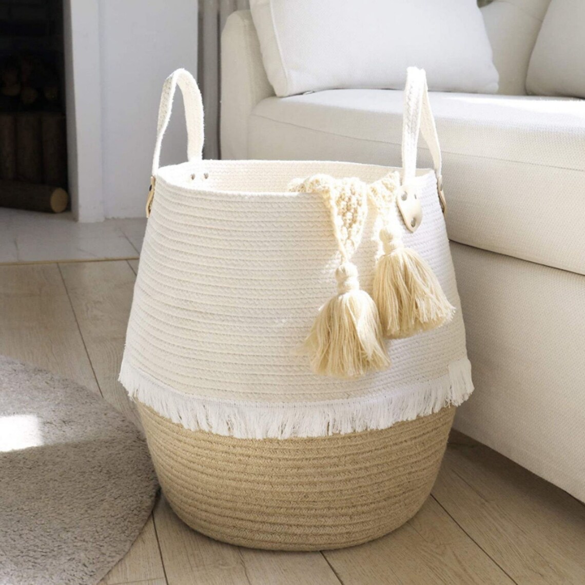 Large Cotton & Jute Rope Laundry Basket with Handles Woven Etsy