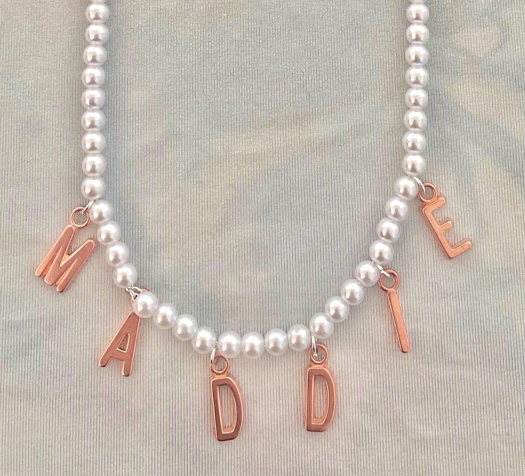Personalised 5mm white pearl name necklace with rose gold | Etsy