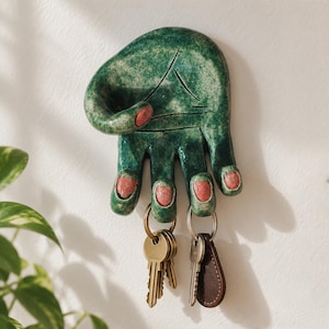 Groene keramische handsleutelhouder, muurhaak hal, boho-volksdecor