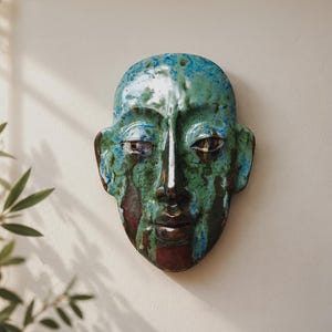 Brutalist Ceramic Wall Mask, Turquoise Face Sculpture, Collector Art Decor