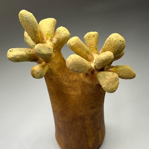 Puede incluir: Una escultura de cerámica con una base cilíndrica marrón que se divide en dos secciones distintas en la parte superior. Cada sección está rematada con racimos de protuberancias redondeadas, texturizadas y de color amarillo pálido.