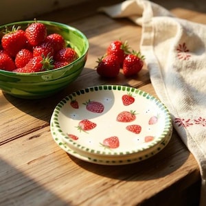Hand Painted Strawberry Ceramic Plate, Farmhouse Dishes Set, Pottery Plates