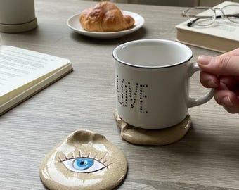Handmade Ceramic Coasters Set, Hand Painted Drink Coasters with Magnet, Folk Art Table Decor