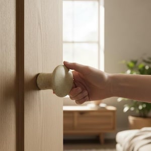 Puede incluir: Una puerta de madera de color claro con un pomo redondo y moteado. La puerta está parcialmente abierta, revelando un vistazo de una habitación con luz natural y tonos neutros. Se está girando el pomo.