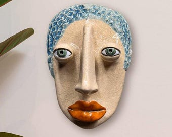 Máscara de pared de cerámica hecha a mano, escultura facial 3D personalizada, decoración artística moderna