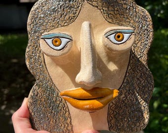 Handmade Ceramic Wall Mask, Abstract Face Sculpture, Modern Art Portrait Decor
