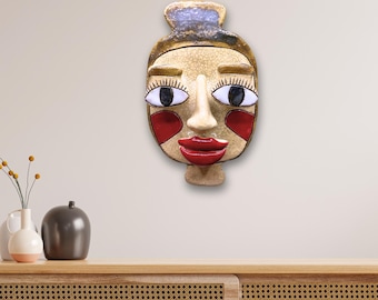 Máscara de cerámica con rostro femenino para pared, escultura de cerámica hecha a mano, decoración gótica para pared, adorno de arte en arcilla para el hogar.
