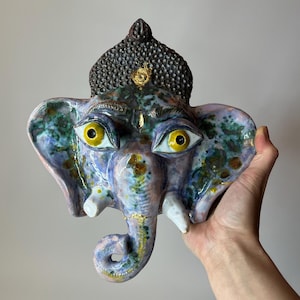 3D Handmade Ceramic Ganesha Wall Mask, Hindu Elephant God Sculpture, Spiritual Wall Art Decor, Indian Religious Home Decoration