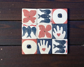 Hand Painted Ceramic Art Tiles 10x10 cm, Handmade Kitchen Backsplash Tiles, Decorative Wall Tile Set