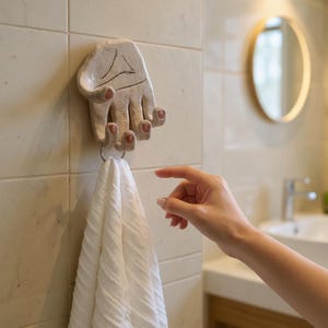 Op de afbeelding: Een beige keramische handvormige wandhaak met een zilveren ring die een witte handdoek vasthoudt. De haak is op een betegelde muur gemonteerd. De vingers hebben roodbruin geschilderde nagels.