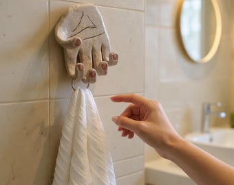 Unique Hand Wall Hook for Bathroom, Surreal Clay Towel Holder, Bathroom Wall Decor, Artistic Ceramic Hanger, Modern Bath Accessory