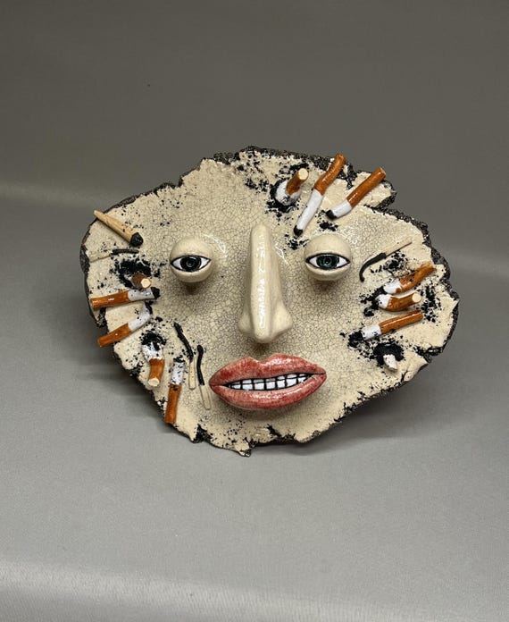 Handmade Ceramic Face Cigarettes Sculpture, Modern Creepy Wall Art Decor