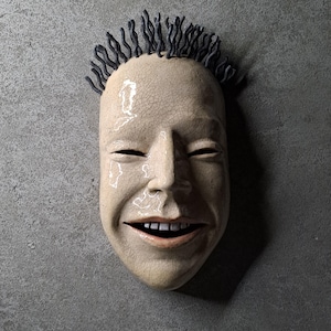 Ceramic mask.Metal hair.Wall mask. Handmade mask.Mask face ceramics handmade. Creepy mask. Creepy decor. Ceramic face. Art face. Wall decor.