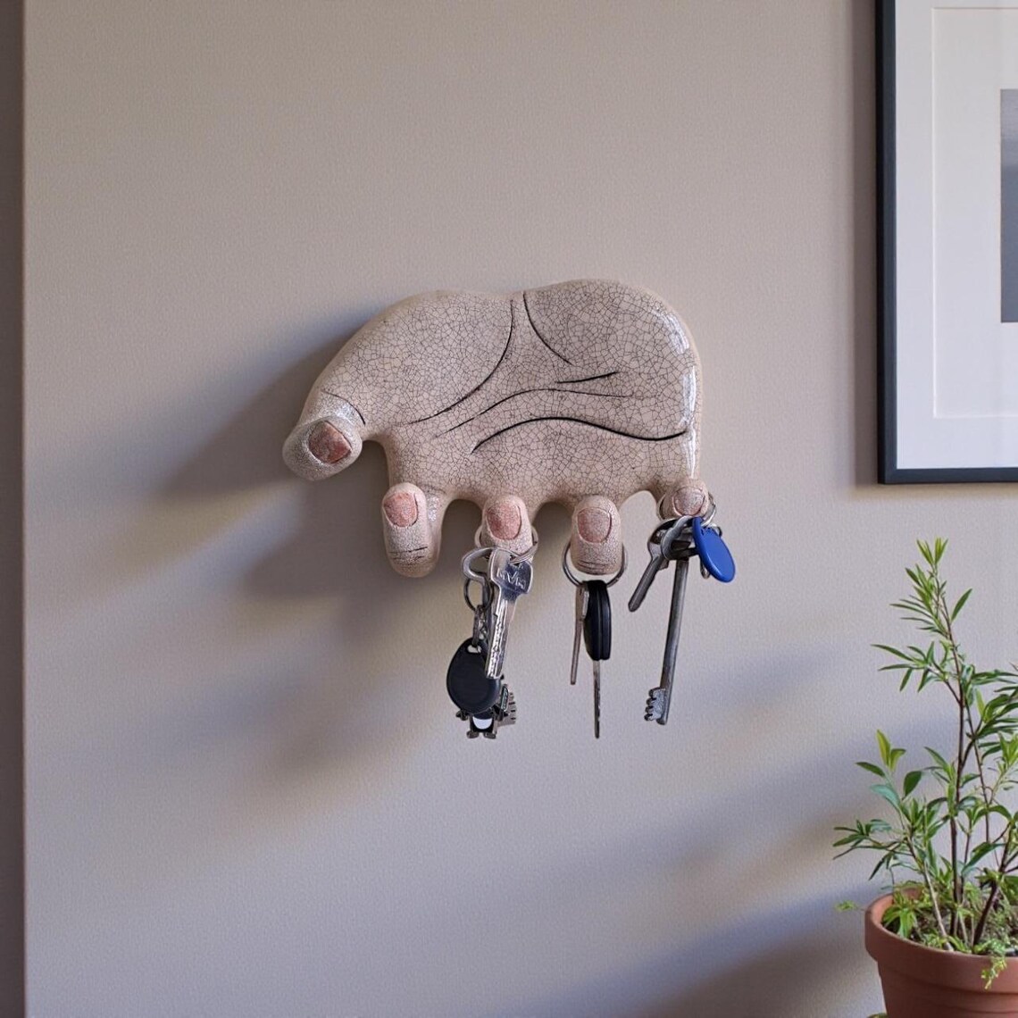 Whimsical Ceramic Key Hanger, Wall Mounted Clay Sculpture, Men Hand ...