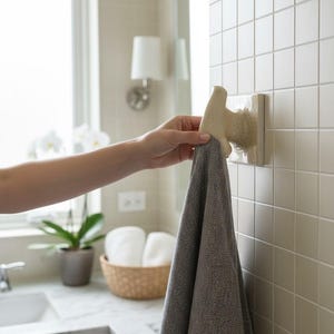 May include: A beige ceramic towel hook mounted on a tiled wall. A gray herringbone towel hangs from the hook. The bathroom setting includes a window, sink, and a basket with rolled white towels.