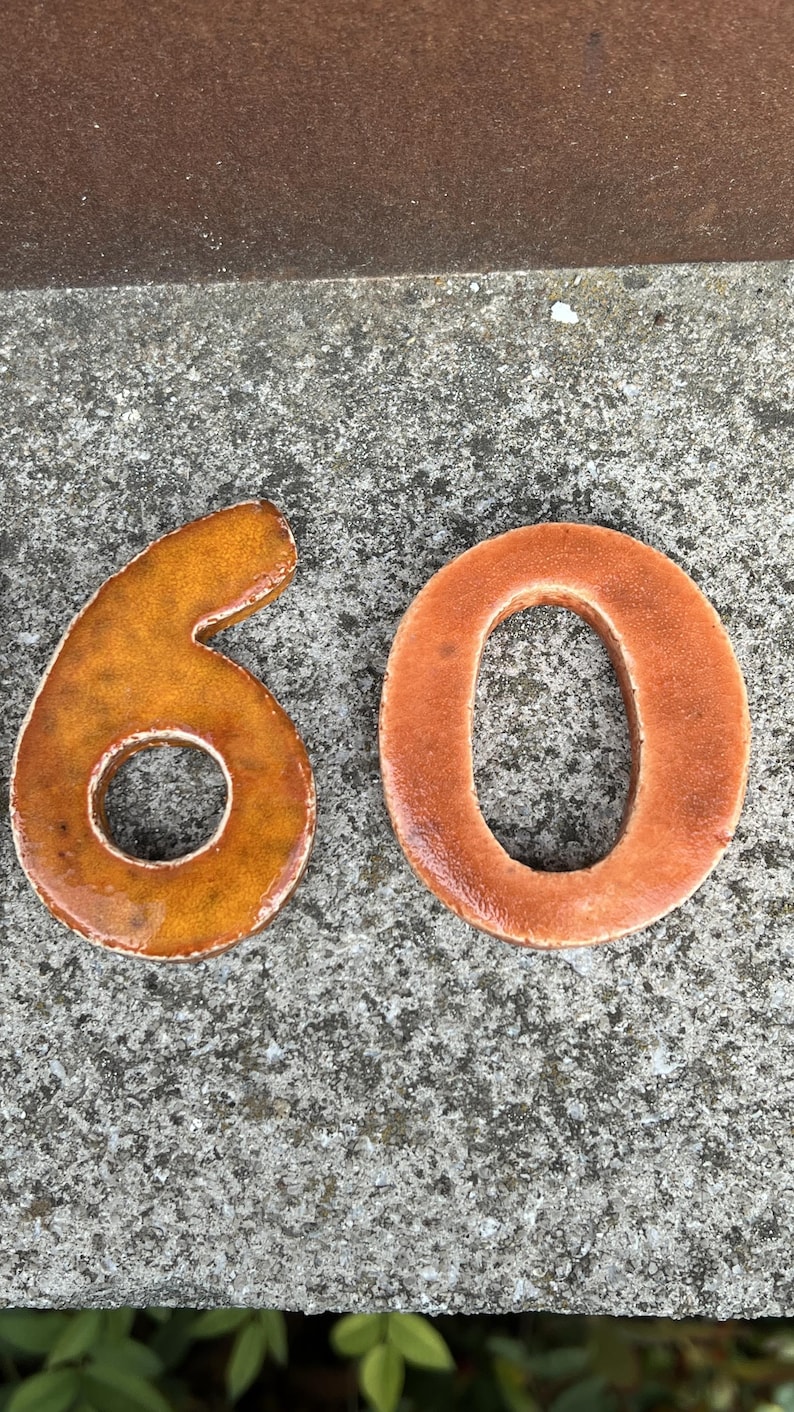 Op de afbeelding: Keramisch nummer 60 in een warm, aards kleurenpalet. Het cijfer 6 is een rijk, goudbruin, terwijl de 0 een gedempt, roodbruin is. De cijfers staan op een getextureerd, grijs oppervlak.