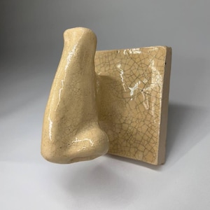 Könnte beinhalten: Eine Keramikskulptur einer Nase in hellem Beige, befestigt an einer quadratischen, strukturierten Fliese. Die Nase hat eine detaillierte, realistische Form, und die Fliese hat ein rissiges, gealtertes Aussehen. Kunstwerk für die Inneneinrichtung.