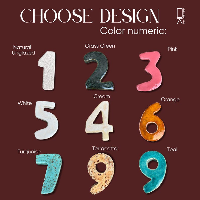 Op de afbeelding: Afbeelding met keramische cijfers in verschillende kleuren: natuurlijk ongeglazuurd, grasgroen, roze, wit, cr&egrave;me, oranje, turkoois, terracotta en blauwgroen. De tekst "CHOOSE DESIGN" en "Color numeric:" staat bovenaan.