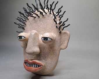 Whimsical Ceramic Wall Mask Sculpture, Handmade Surreal Face Art, Unique Collectible Wall Decor