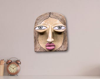 Handmade Ceramic Wall Mask, Artistic Face Sculpture, Unique Wall Art Decor, Modern Ceramic Portrait, Abstract Decoration, Artisan Home Decor