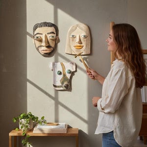 Op de afbeelding: Drie keramische wanddecoraties in de vorm van gezichten en een hondenhoofd worden tentoongesteld op een lichtgrijze muur. De gezichten hebben gedetailleerde kenmerken en zijn geschilderd in neutrale tinten. Een persoon houdt een hamer vast bij de wanddecoraties.