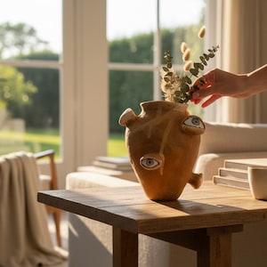 Vaso de cerâmica com rosto lúdico, vaso escultural feito à mão, cerâmica de arte abstrata, presente moderno para decoração de casa