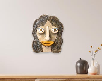 Handmade Ceramic Wall Mask, Abstract Face Sculpture, Modern Art Portrait Decor