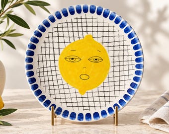 Citroengezichtsbord, blauw-gele keramische wanddecoratie, mediterrane keukeninrichting