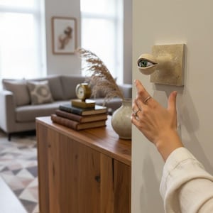 Könnte beinhalten: Eine ungewöhnliche Wandskulptur mit einem Auge, das einen grünen Iris hat und auf einem beigefarbenen Quadrat montiert ist. Das Auge scheint aus der Wand herauszuragen. Ein einzigartiges Kunstwerk.