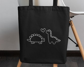 Minimalist Dinos in Love Canvas Tote Bag, Cute Dinosaur Tote, Reusable Shopping and Grocery Bag, Dinosaur Gifts, Book/Beach/Market Bag
