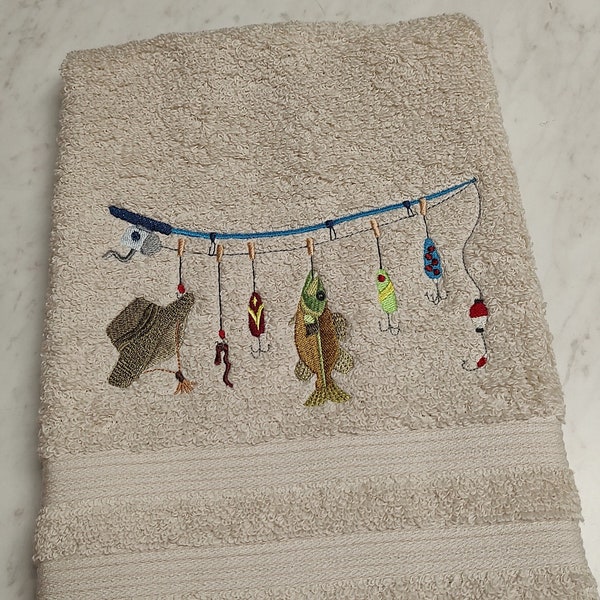 Embroidered Hand Towel, Fisherman Towel, Fisherwoman Towel, Towel with Fish, Beige Hand Towel, 16 x 26 Towel