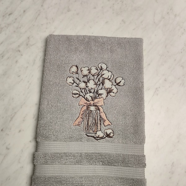 Embroidered Silver Gray Hand Towel, Cotton Bolls, Peach Ribbon, Farmhouse Decor, 16" x 26" Hand Towel