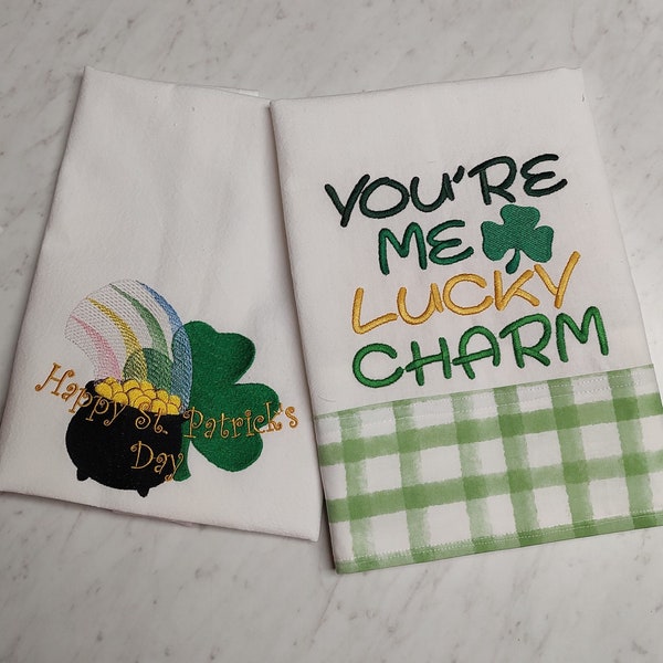 Embroidered Tea Towels "You're Me Lucky Charm"  and "Rainbow and Pot of Gold " Kitchen/Tea Towels, St. Patrick's Day Kitchen Decor
