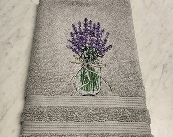 Embroidered hand towel,  "Lavender Bouquet in a Jar", Silver/Gray hand towel, Floral Towel, Bathroom Decor, Farmhouse Decor