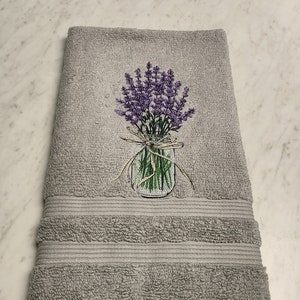 Embroidered hand towel,  "Lavender Bouquet in a Jar", Silver/Gray hand towel, Floral Towel, Bathroom Decor, Farmhouse Decor