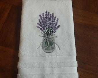 Embroidered Lavender Bouquet in a Jar hand towel, White hand towel, Lavender, Mother's Day Gift, Bathroom Decor, Farmhouse Decor, 16" x 26"