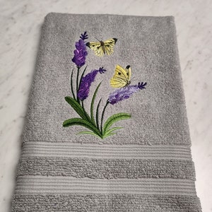 Embroidered Hand Towel, Lavender & Butterflies, Gray hand towel, Yellow Butterflies, Bathroom Decor, Farmhouse Decor
