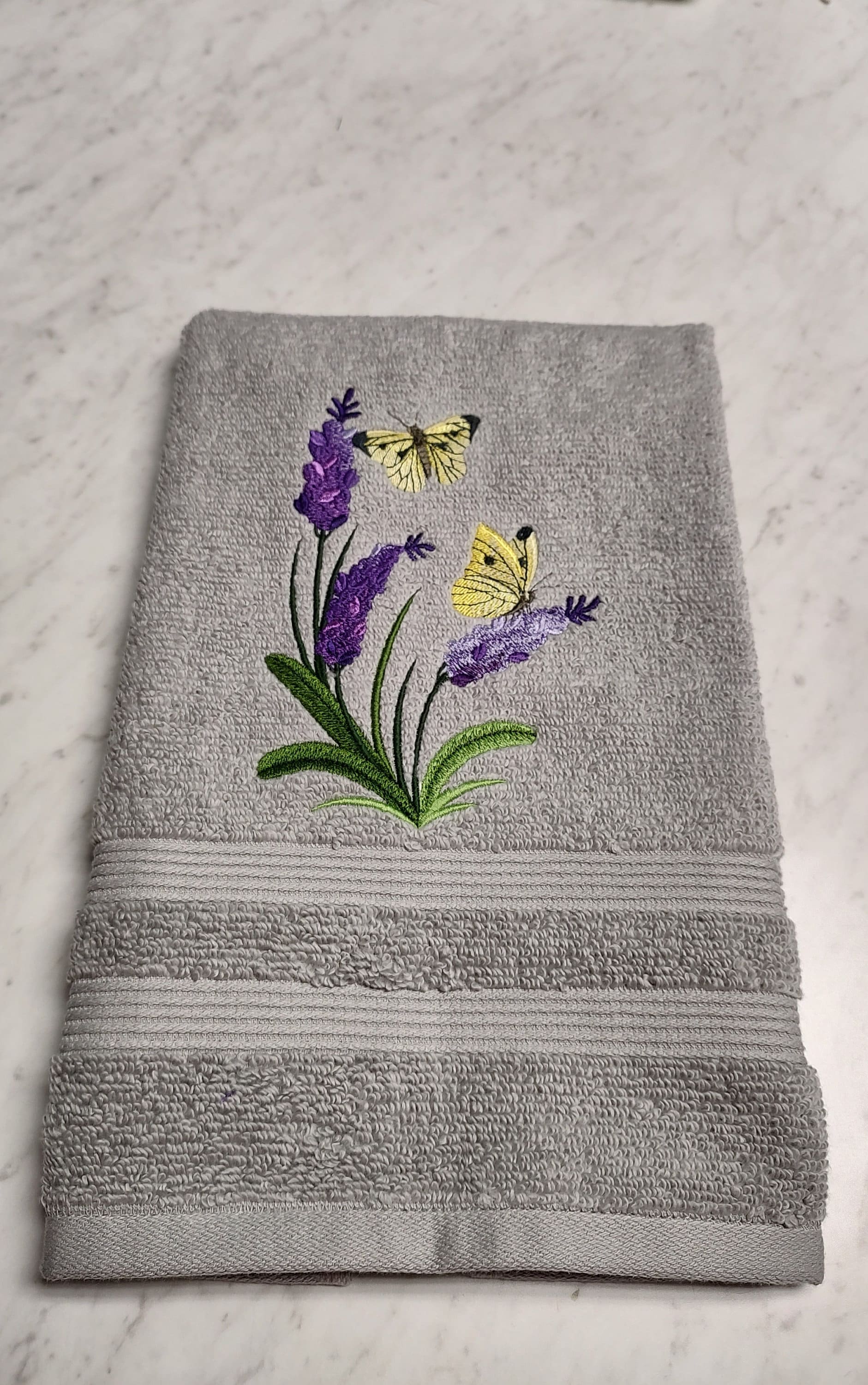 Embroidered Hand Towel, Lavender & Butterflies, Gray hand towel, Yellow Butterflies, Bathroom Decor, Farmhouse Decor