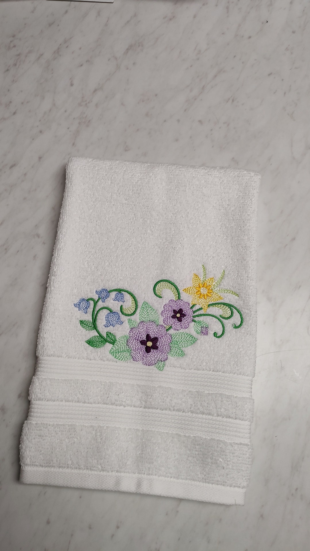Embroidered Hand Towel, Daffodil and Violet Spray, White Hand Towel, 16 ...
