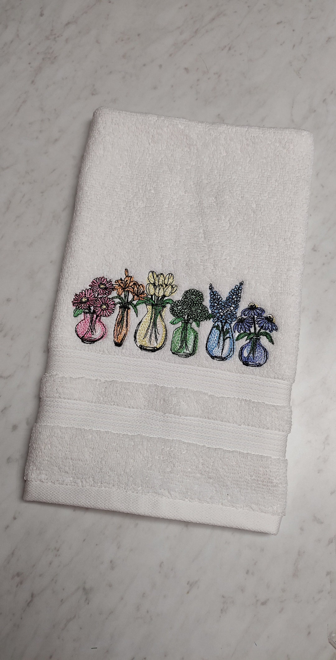 Embroidered Hand Towel, Bathroom Decor, Spring Flowers, Vases With ...