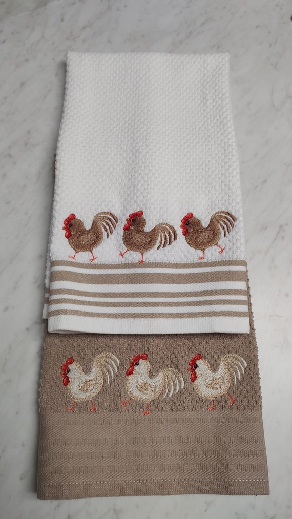 Embroidered Chickens, Kitchen Towels With Chickens, Tan Kitchen