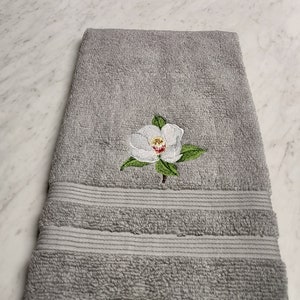 Embroidered Bathroom Hand Towel, Magnolia, Silver/Gray Towel, Country Blue Towel, 16 x 26, Bathroom Decor