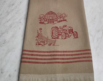 Embroidered tea towel, Classic Farm Scene, Khaki and Red Tea Towel, 18 x 26 Towel, Rustic Kitchen Decor, Farmshouse Decor, Ready to Ship!