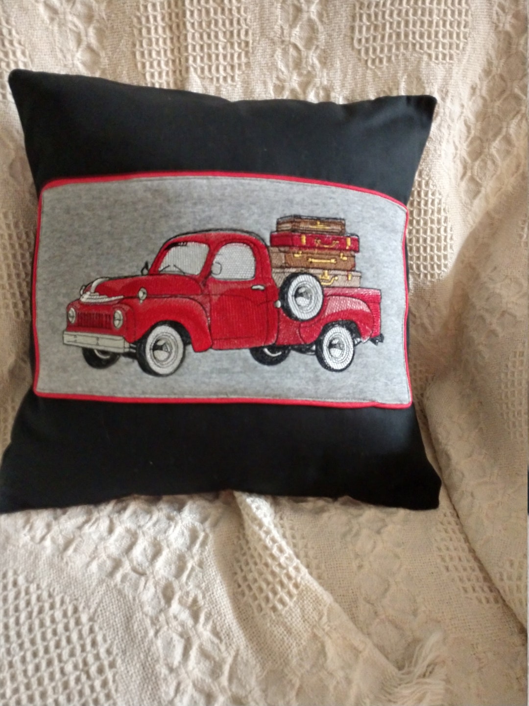 Red Truck Pillow Cover, Black Pillow Cover, Embroidered Pillow Cover