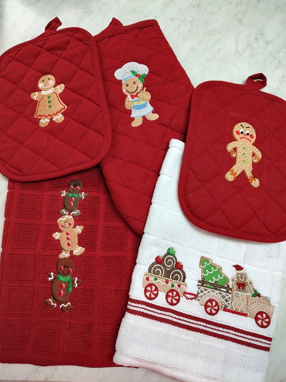 Gingerbread Man Kitchen Set FIVE Piece Kitchen Set Embroidered Kitchen Set Red and White Kitchen Towels Pot Holders and Oven Mitt Etsy