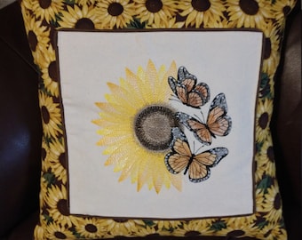 16" x 16" Embroidered Pillow Cover, Sunflowers, Butterflies, Farmhouse Decor, Throw Pillow, Decorative pillow cover - READY TO SHIP
