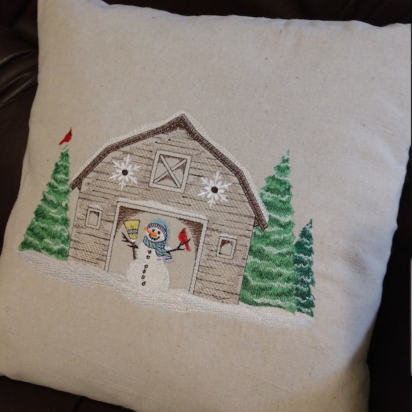 18" x 18" Embroidered pillow cover, Country Snowman, Old Barn, Rustic Pillow Cover, Farmhouse Decor